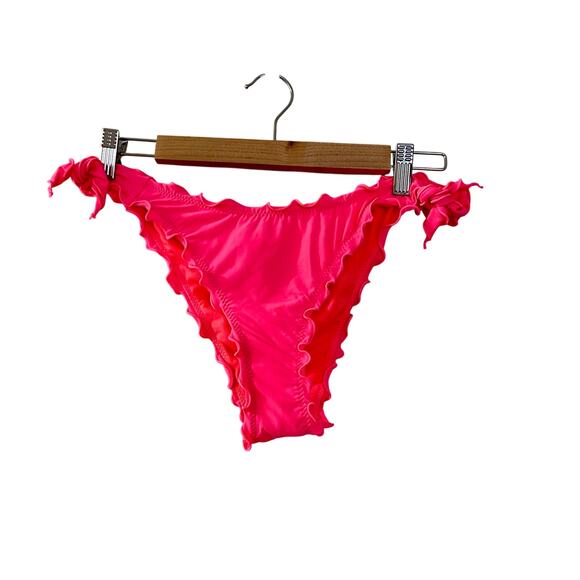 HOBIE Neon Pink Ruffled Tie Detail Ruching Bikini Bottoms Womens Size Large NWOT - Picture 1 of 6